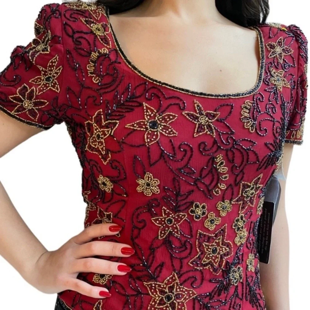 Papell Boutique Silk Beaded Short Sleeve Blouse - Picture 7 of 7